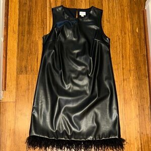For Cynthia Black Faux Leather Mini Dress with Feather Hem